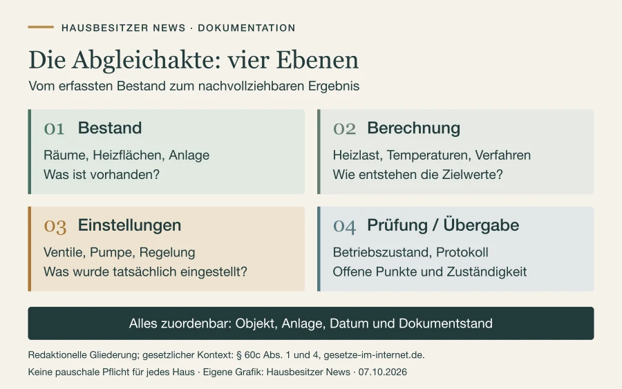 Grafik mit vier Ebenen einer Abgleichakte: Bestand, Berechnung, Einstellungen sowie Prüfung und Übergabe.