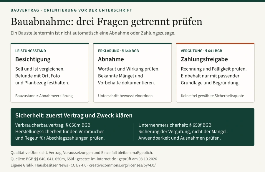 Übersicht mit drei getrennten Feldern für Besichtigung, Abnahme und Zahlungsfreigabe sowie einem Feld zur Verbraucher- und Unternehmersicherheit