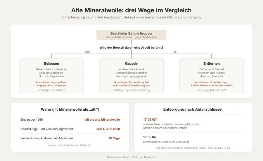 Grafik mit einem Entscheidungsbaum zu den Wegen Belassen, Kapseln und Entfernen sowie zwei Tafeln zu den Stichtagen 1996 und Juni 2000 und den Abfallschlüsseln 17 06 03* und 17 06 04