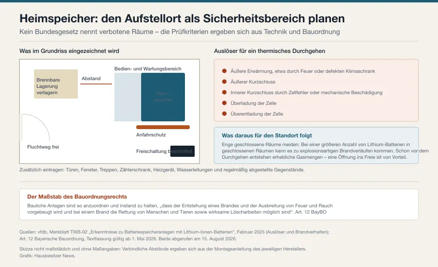 Grundrissskizze eines Technikraums mit eingezeichnetem Speicher, Fluchtweg, Abstand zu Brandlasten und Anfahrschutz, daneben die vom Brandschutz genannten Auslöser für ein thermisches Durchgehen