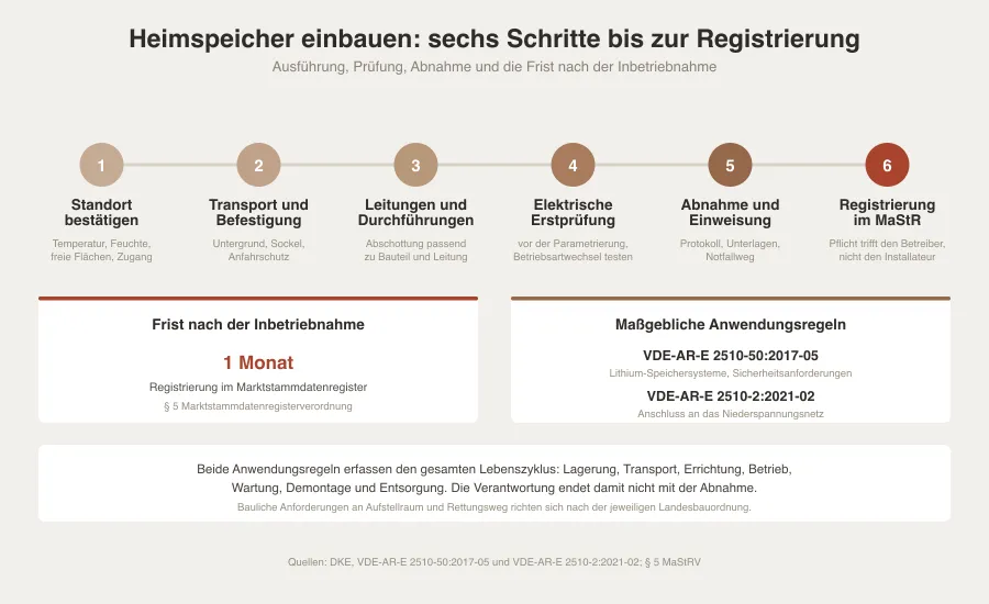 Ablaufgrafik in sechs Schritten von der Standortbestätigung über Montage und elektrische Prüfung bis zur Registrierung, mit hervorgehobener Monatsfrist