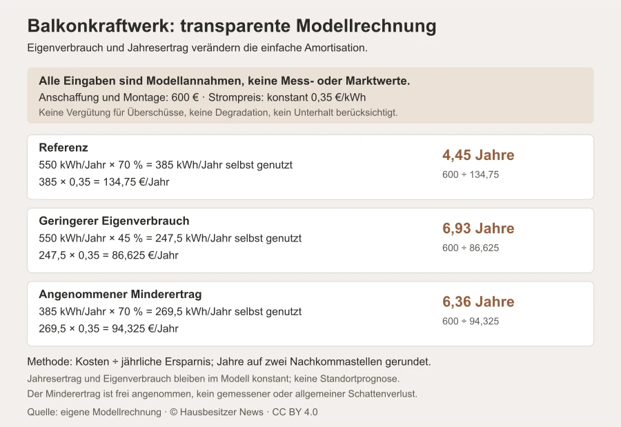 Grafik mit offengelegten Modellannahmen und drei Rechenwegen für Ersparnis und einfache Amortisation eines Balkonkraftwerks
