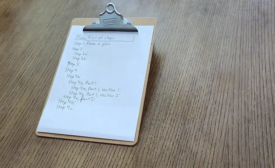 Klemmbrett mit handschriftlicher Schrittliste auf einem Holztisch