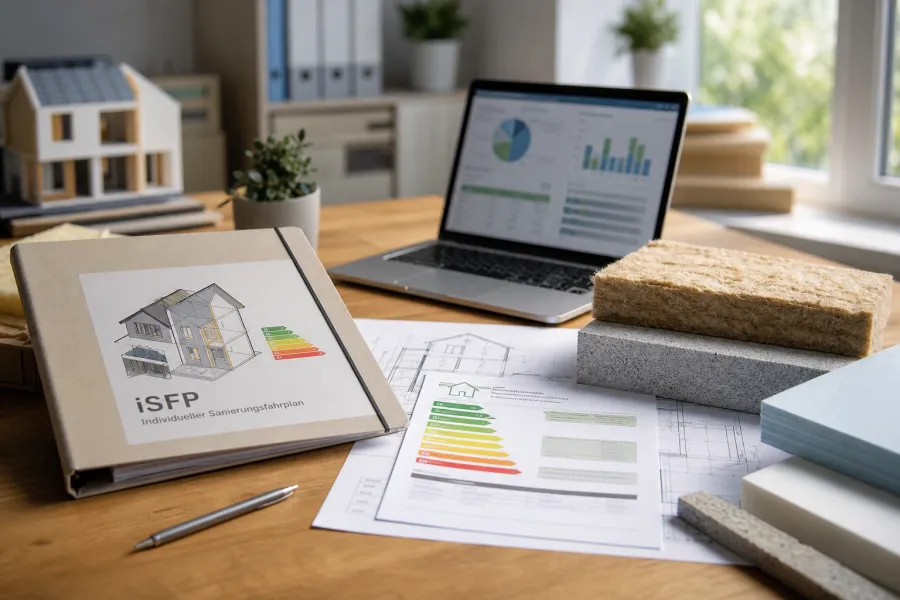 iSFP-Ordner, Energieeffizienz-Skala und Dämmstoffmuster auf dem Tisch – Unterlagen für BEG-Einzelmaßnahmen