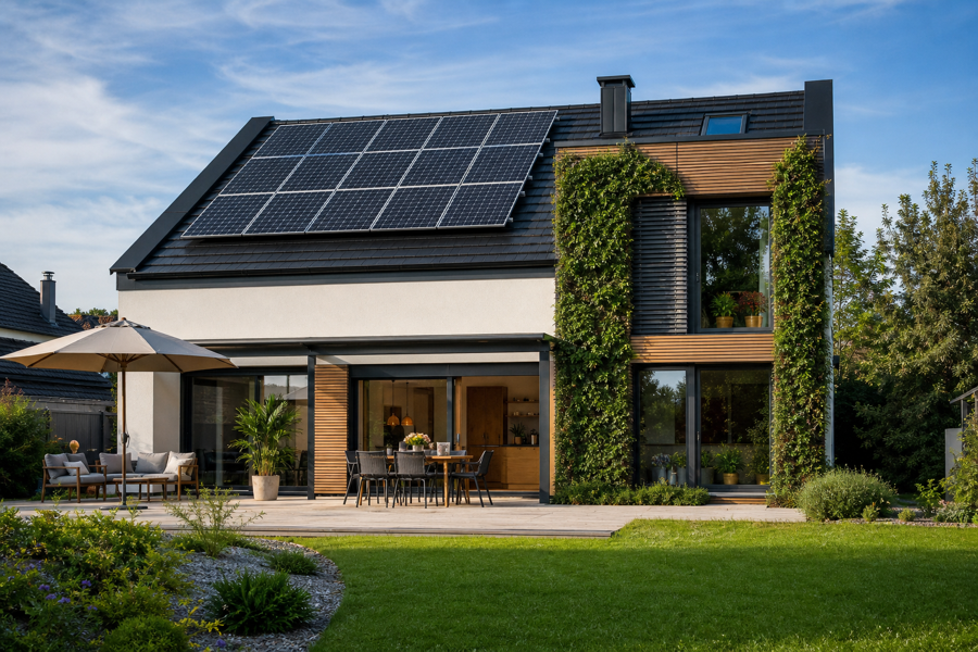 Modernes energieeffizientes Einfamilienhaus mit Photovoltaikanlage auf dem Dach und Begrünungselementen