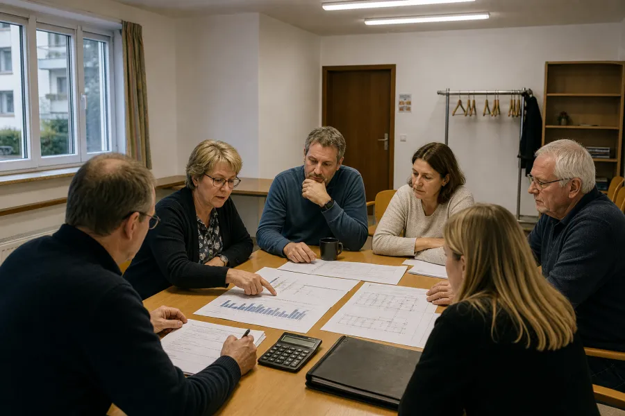 Wohnungseigentümergemeinschaft bei einer Eigentümerversammlung mit Dokumenten zur Kostenverteilung