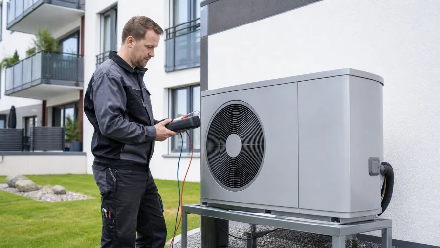 Techniker prüft die Wärmepumpe am Mehrfamilienhaus – Wärmelieferung über Contracting