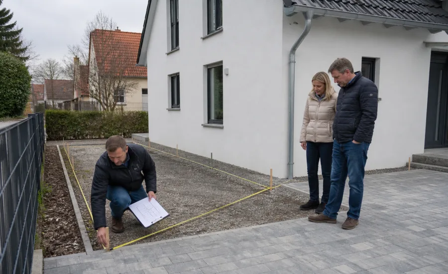 Fachmann vermisst die Fläche für einen Carport neben dem Haus – Genehmigung und Grenzabstand klären