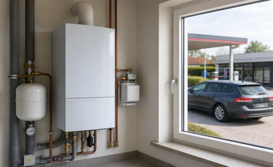 Gas-Brennwertheizung im Haus mit Blick auf eine Tankstelle – Heizen und Tanken unter dem CO2-Preis