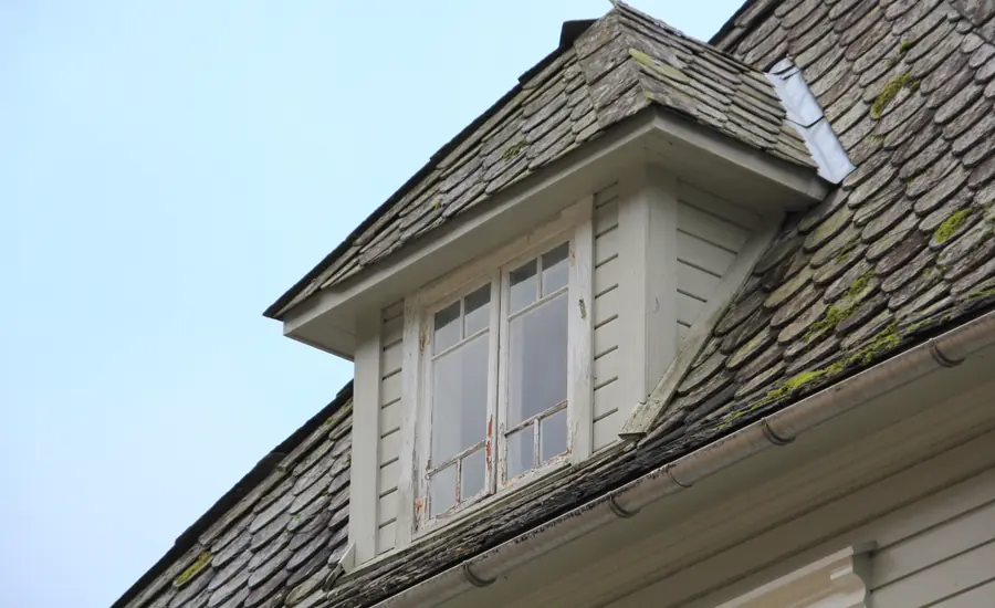 Schiefergedeckte Gaube mit Sprossenfenster auf einem Steildach
