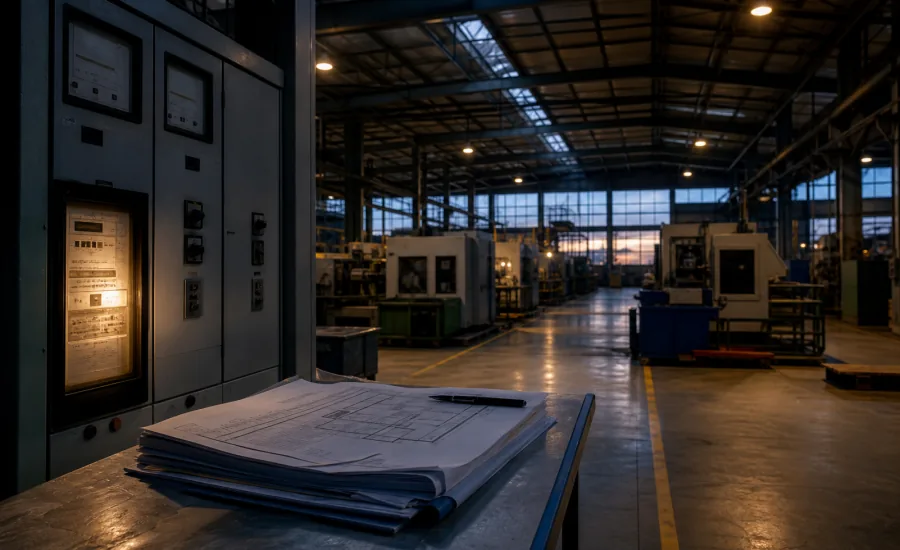 Industriehalle mit Maschinen, Stromzählern und Planungsunterlagen – hohe Energiekosten als Standortrisiko