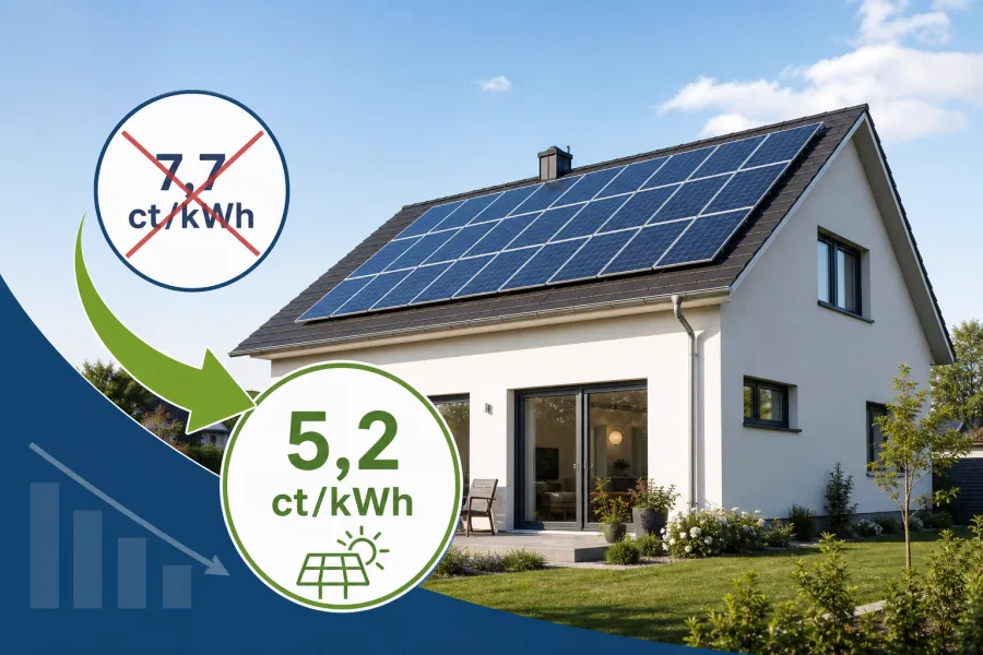 Infografik zur EEG-Reform 2027: Einspeisevergütung sinkt von 7,7 auf 5,2 ct/kWh, dahinter ein Haus mit Photovoltaik