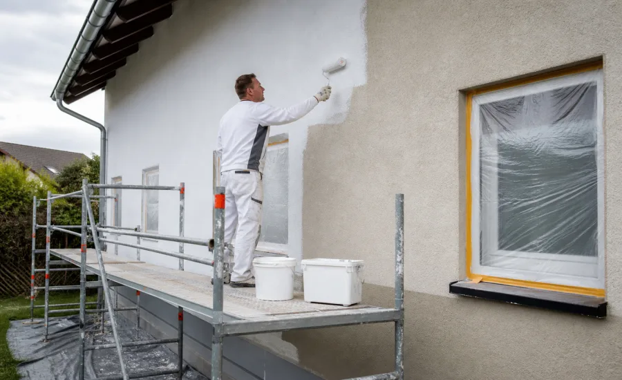 Maler streicht eine geschützte Hausfassade vom Gerüst aus