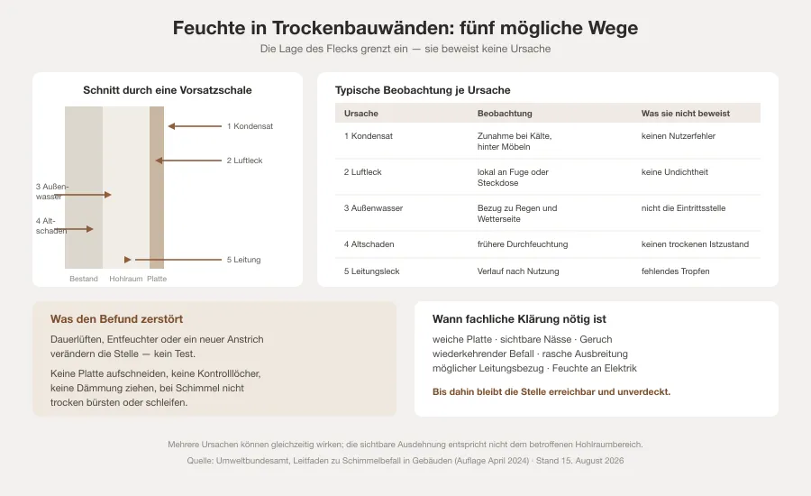 Schnitt durch eine Ständerwand mit fünf eingezeichneten Feuchtewegen und einer Matrix, die je Ursache typische Beobachtung, Fehlschluss und nächsten Schritt gegenüberstellt