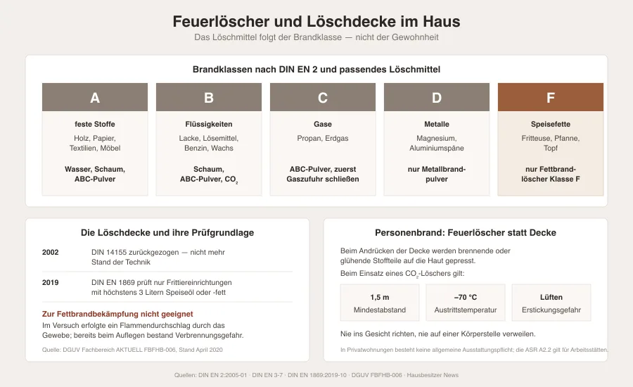 Grafik mit den fünf Brandklassen nach DIN EN 2, dem passenden Löschmittel je Klasse und einem Warnfeld zu den Grenzen der Löschdecke