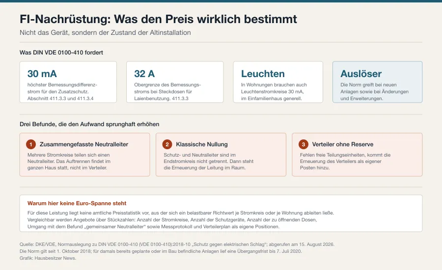 Übersicht der Kostentreiber beim FI-Nachrüsten: Anzahl der Stromkreise, Zustand des Verteilers, Trennung von Neutralleitern, daneben die Normwerte 30 Milliampere und 32 Ampere