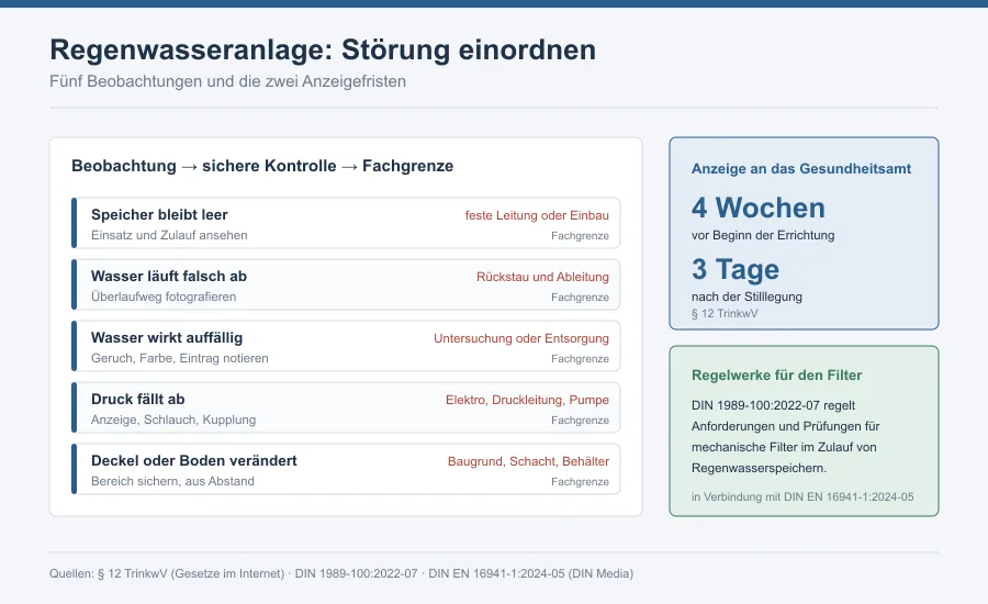 Grafik mit fünf Störungsbildern der Regenwasseranlage und den Anzeigefristen vier Wochen vor Errichtung und drei Tage nach Stilllegung