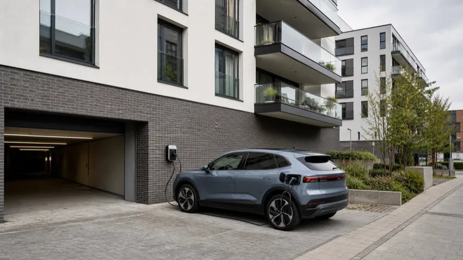 Elektrofahrzeug an einer Wallbox vor einem Mehrfamilienhaus-Parkhaus
