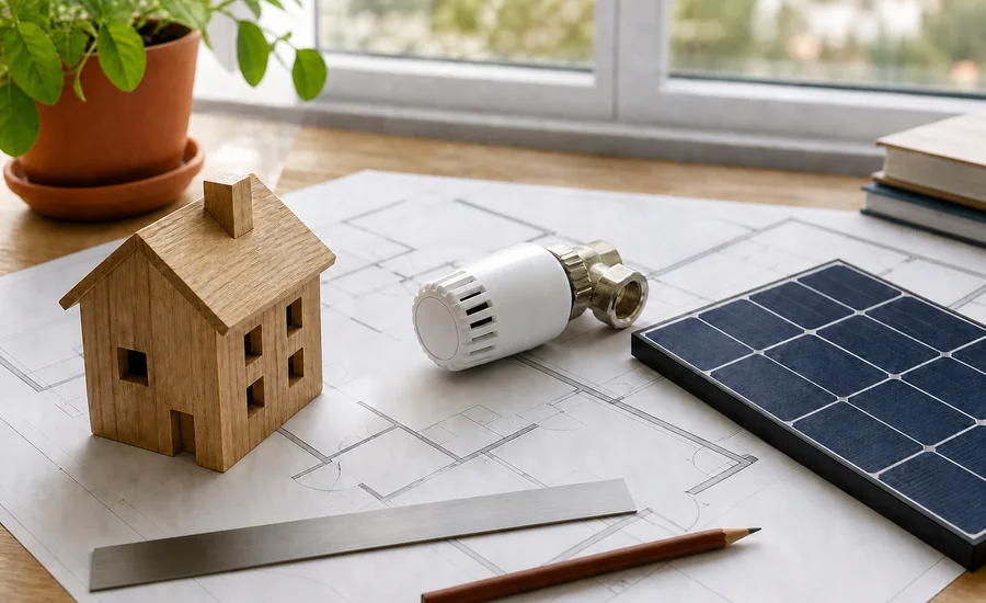 Hausmodell, Thermostatkopf und Solarmodul auf einem Grundriss – Überblick zum Gebäudemodernisierungsgesetz GModG