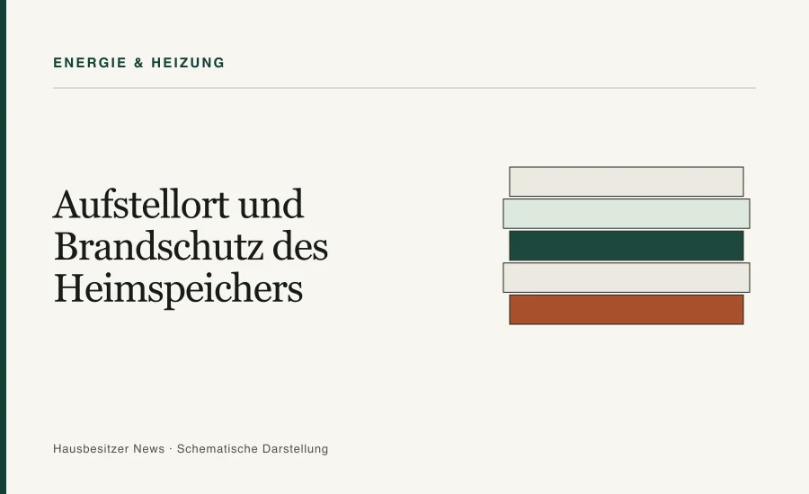 Redaktionsgrafik mit dem Titel »Aufstellort und Brandschutz des Heimspeichers« und fünf gestapelten Schichten