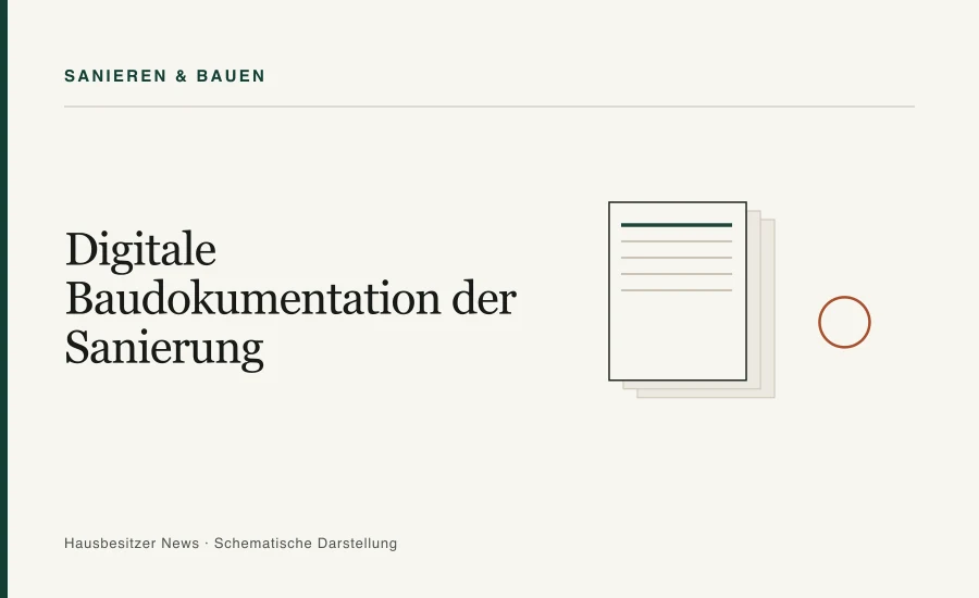Redaktionsgrafik mit dem Titel »Digitale Baudokumentation der Sanierung« und gestapelten Dokumentblättern