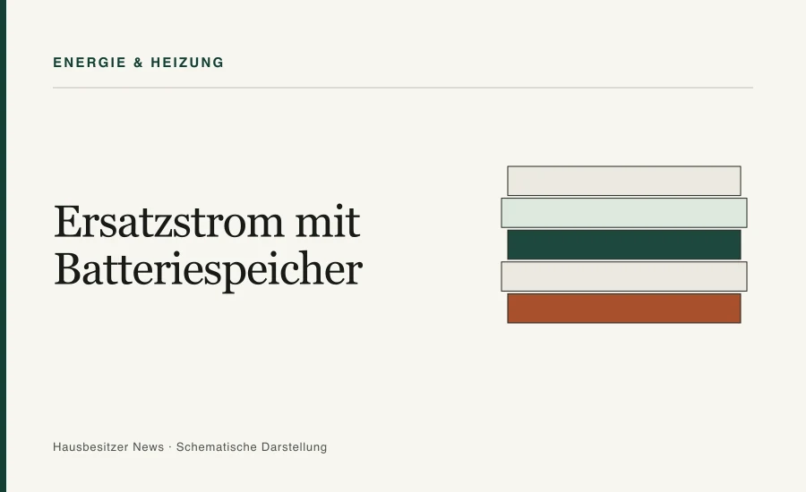 Redaktionsgrafik mit dem Titel »Ersatzstrom mit Batteriespeicher« und fünf gestapelten Schichten