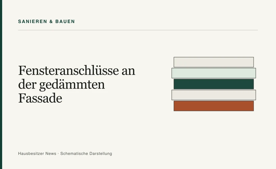 Redaktionsgrafik mit dem Titel »Fensteranschlüsse an der gedämmten Fassade« und fünf gestapelten Schichten