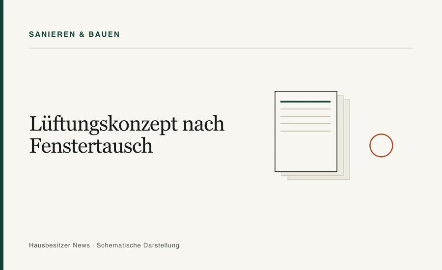 Redaktionsgrafik mit dem Titel »Lüftungskonzept nach Fenstertausch« und gestapelten Dokumentblättern