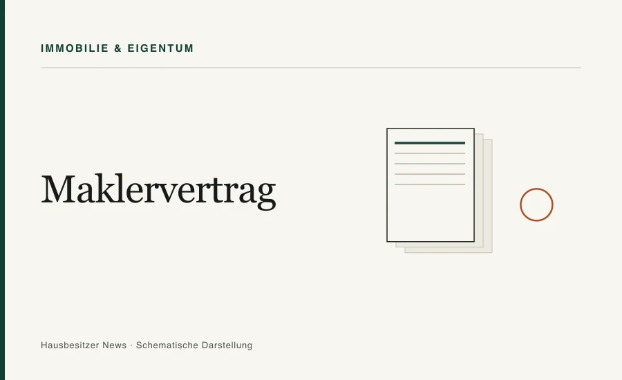 Redaktionsgrafik mit dem Titel »Maklervertrag« und gestapelten Dokumentblättern