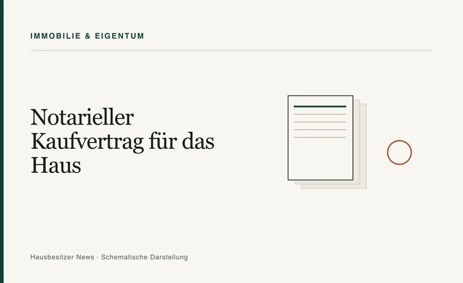 Redaktionsgrafik mit dem Titel »Notarieller Kaufvertrag für das Haus« und gestapelten Dokumentblättern