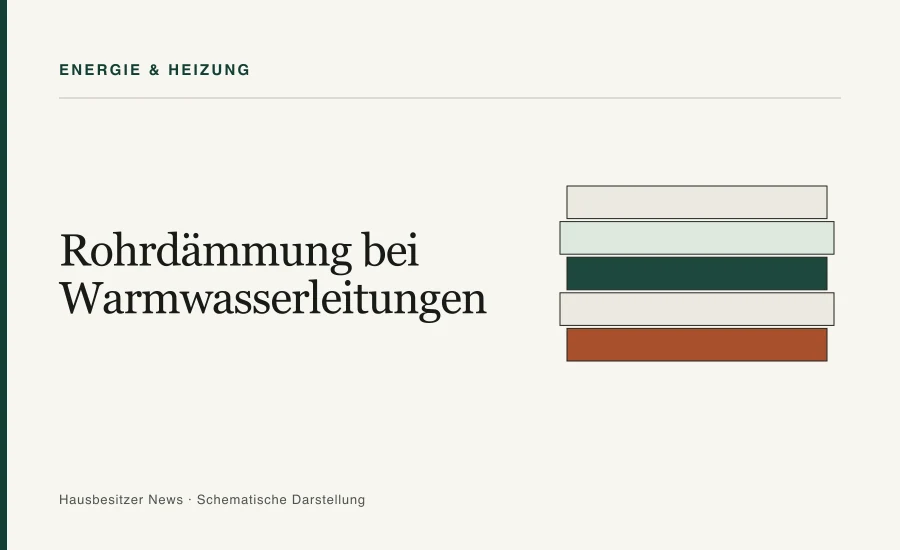 Redaktionsgrafik mit dem Titel »Rohrdämmung bei Warmwasserleitungen« und fünf gestapelten Schichten