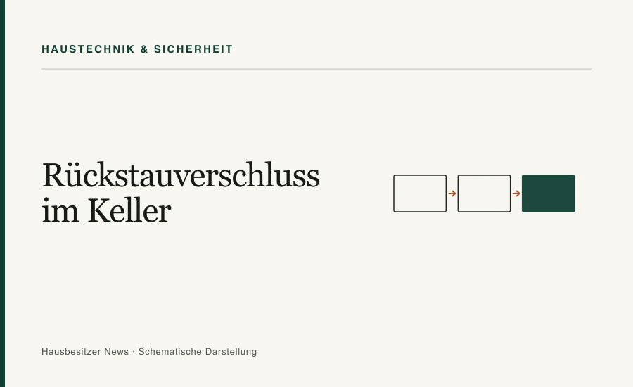 Redaktionsgrafik mit dem Titel »Rückstauverschluss im Keller« und drei verbundenen Prozessfeldern