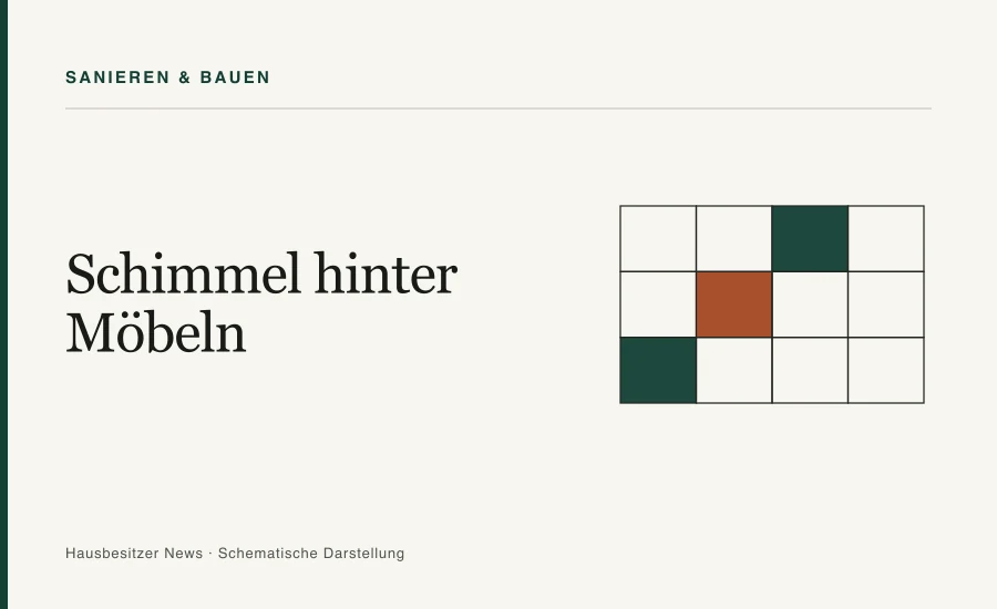 Redaktionsgrafik mit dem Titel »Schimmel hinter Möbeln« und einem Raster aus zwölf Parzellenfeldern