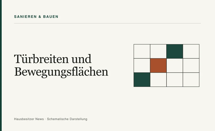Redaktionsgrafik mit dem Titel »Türbreiten und Bewegungsflächen« und einem Raster aus zwölf Parzellenfeldern