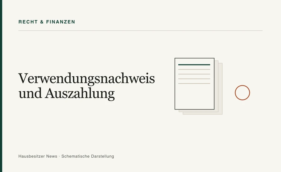 Redaktionsgrafik mit dem Titel »Verwendungsnachweis und Auszahlung« und gestapelten Dokumentblättern