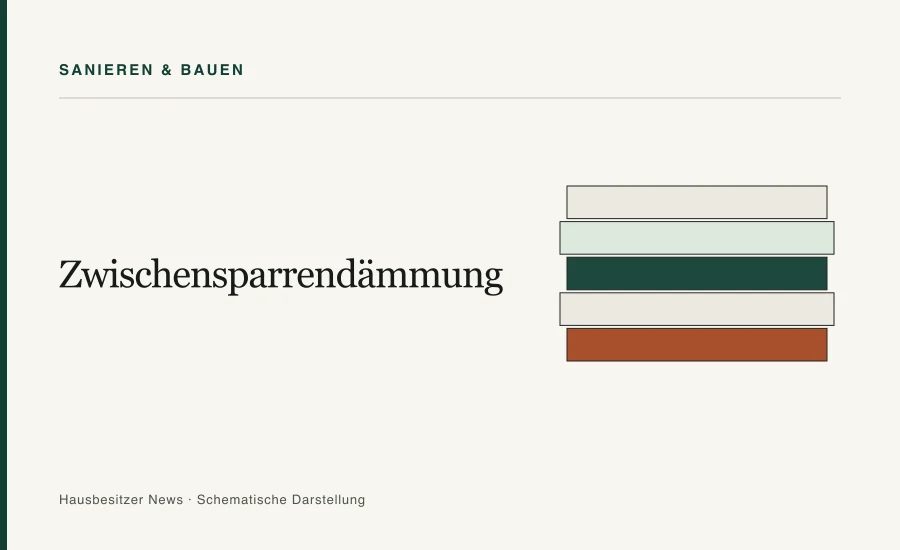 Redaktionsgrafik mit dem Titel »Zwischensparrendämmung« und fünf gestapelten Schichten
