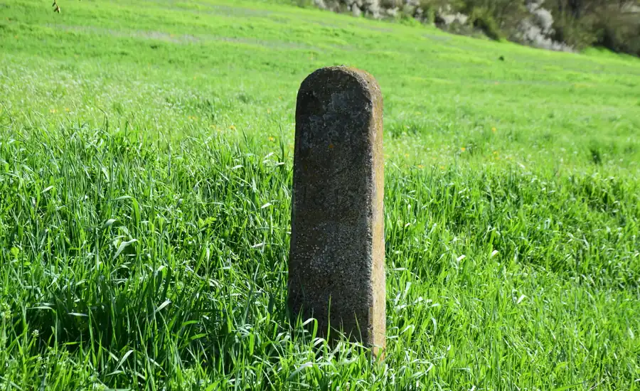 Verwitterter Grenzstein aus Naturstein in einer grünen Wiese