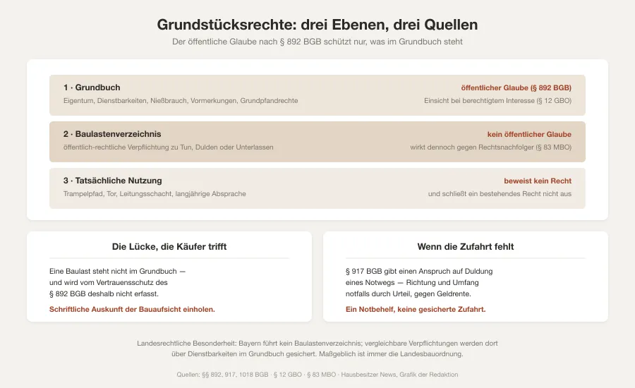 Grafik mit drei übereinander liegenden Ebenen für Grundbuch, Baulastenverzeichnis und tatsächliche Nutzung sowie einer Tabelle typischer Funde mit der jeweils erforderlichen Zusatzquelle