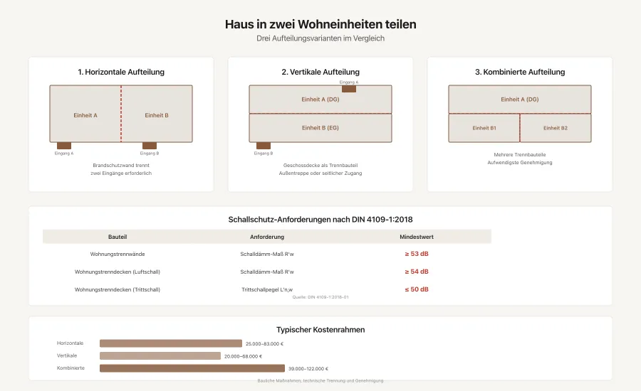Grafik mit drei Hausvarianten zur Aufteilung in zwei Wohneinheiten — horizontal, vertikal und kombiniert — mit Schallschutz-Anforderungen und Kostenrahmen