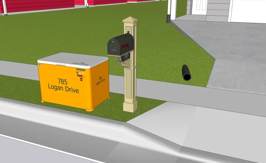Konzeptdarstellung einer privaten Paketbox mit Einwurföffnung neben einem Briefkasten