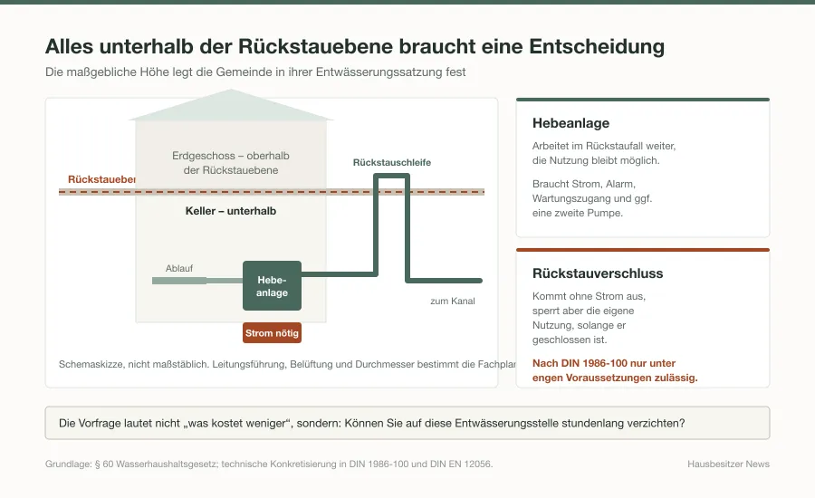 Schnittzeichnung eines Hauses: Straßenoberkante als Rückstauebene, darunter Kellerablauf mit Hebeanlage und über die Rückstauebene geführter Druckleitung