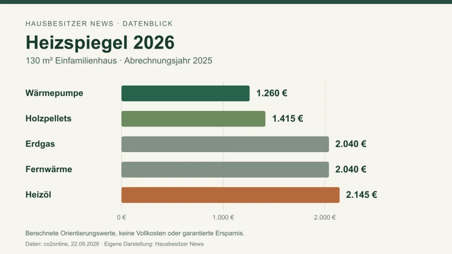 Balkengrafik der Heizkosten-Orientierungswerte 2025 für ein 130-m²-Einfamilienhaus: Wärmepumpe 1.260, Holzpellets 1.415, Erdgas und Fernwärme jeweils 2.040, Heizöl 2.145 Euro.