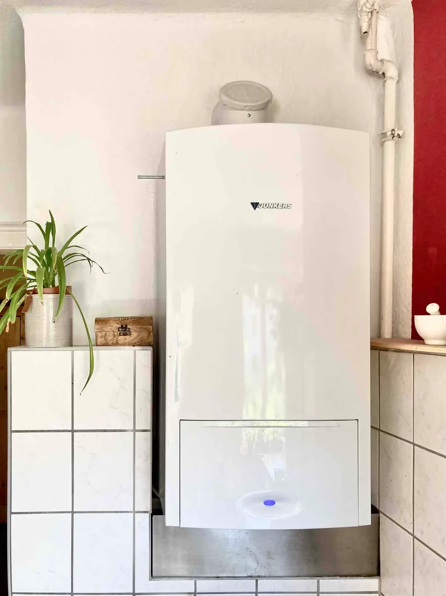Wandhängende Gastherme in einer Küche neben einer Zimmerpflanze und einem gefliesten Sockel