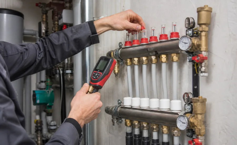 Heizungsfachmann stellt die Durchflüsse am Heizkreisverteiler ein – Kosten für den hydraulischen Abgleich