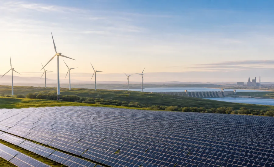 Solarpark, Windräder und Wasserkraftanlage in einer gemeinsamen Energielandschaft