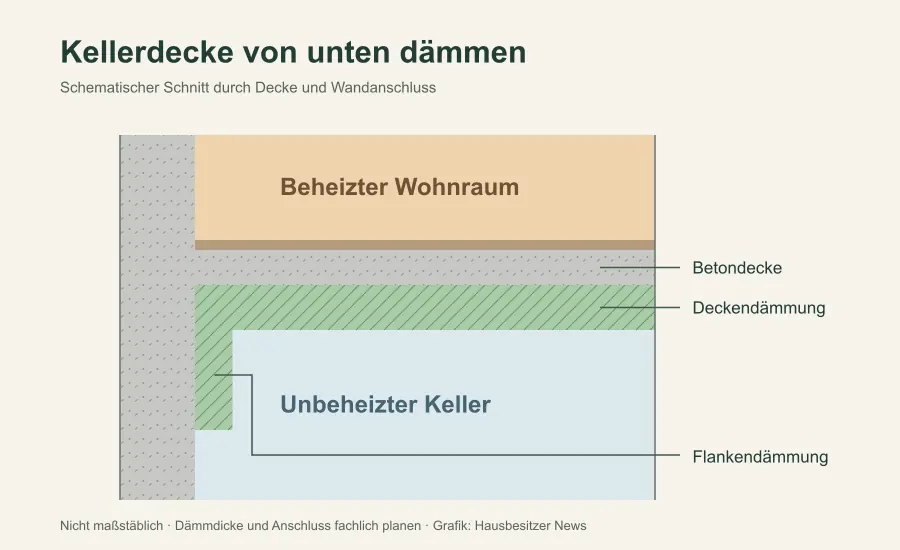 Schematischer Schnitt einer Kellerdecke mit Dämmung unter der Betondecke und ergänzender Flankendämmung am Wandanschluss