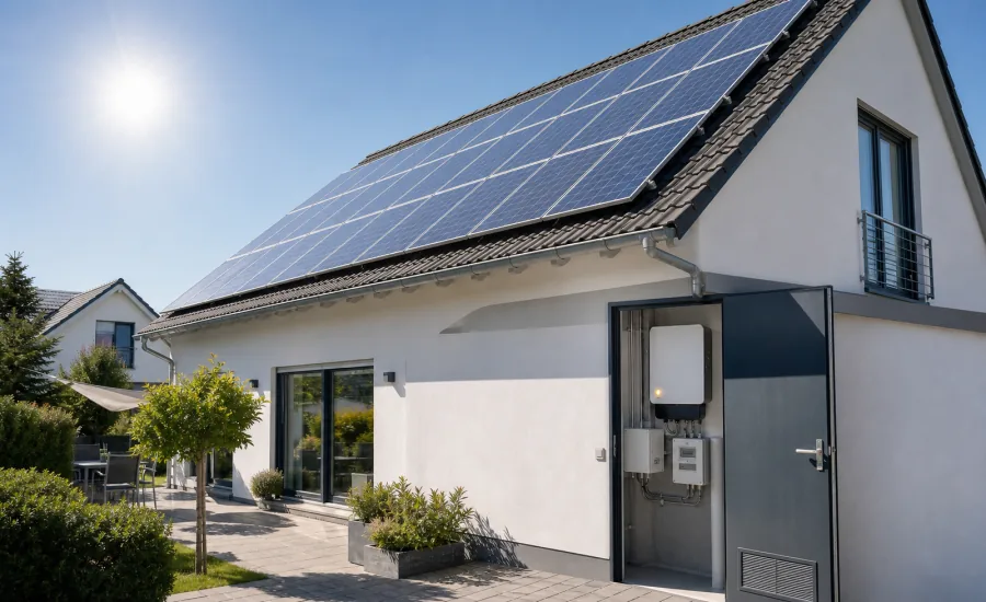 Wohnhaus mit Photovoltaikanlage, Wechselrichter und Smart Meter bei starker Sonneneinstrahlung
