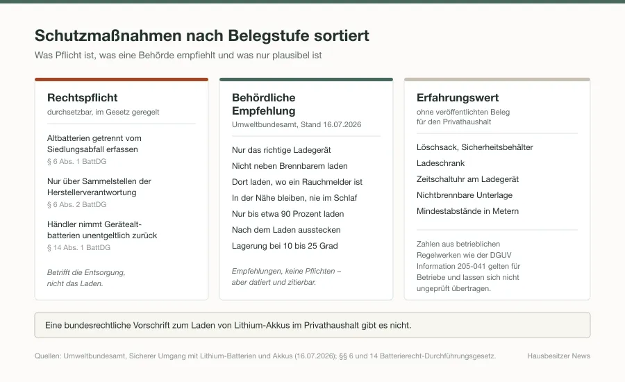 Grafik mit drei Spalten: gesetzliche Pflicht, behördliche Empfehlung und Erfahrungswert, jeweils mit den zugeordneten Schutzmaßnahmen beim Laden von Lithium-Akkus