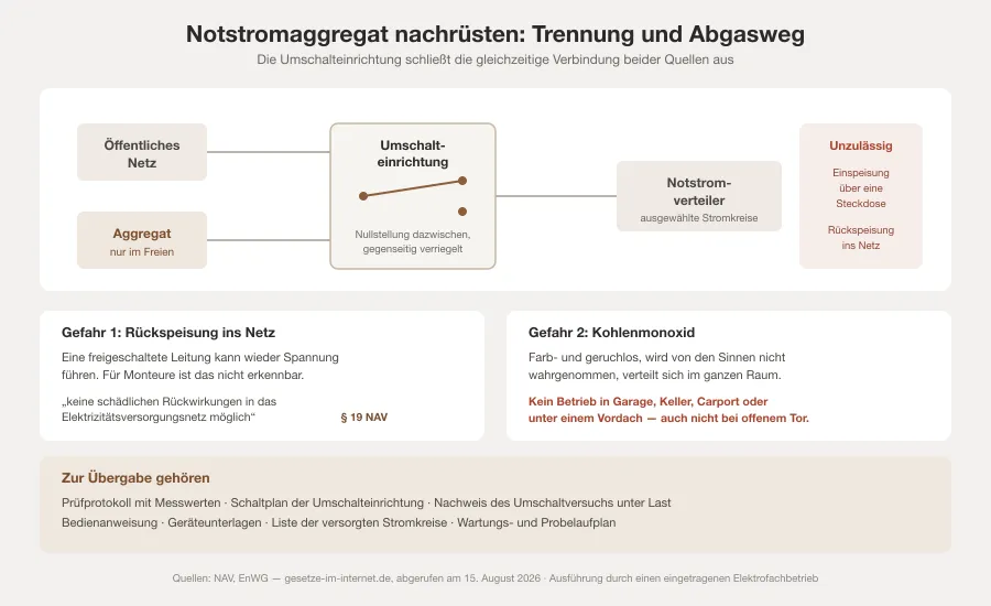 Schema einer Notstromeinspeisung mit Netz, allpoliger Umschalteinrichtung und Aggregat im Freien, daneben die beiden Hauptgefahren Rückspeisung und Abgas sowie eine Übergabeliste