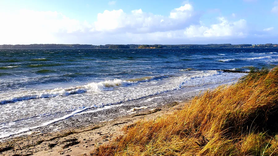 Ostseestrand bei starkem Wind: Wellen mit Gischt laufen auf den Sandstrand, rechts weht das Dünengras
